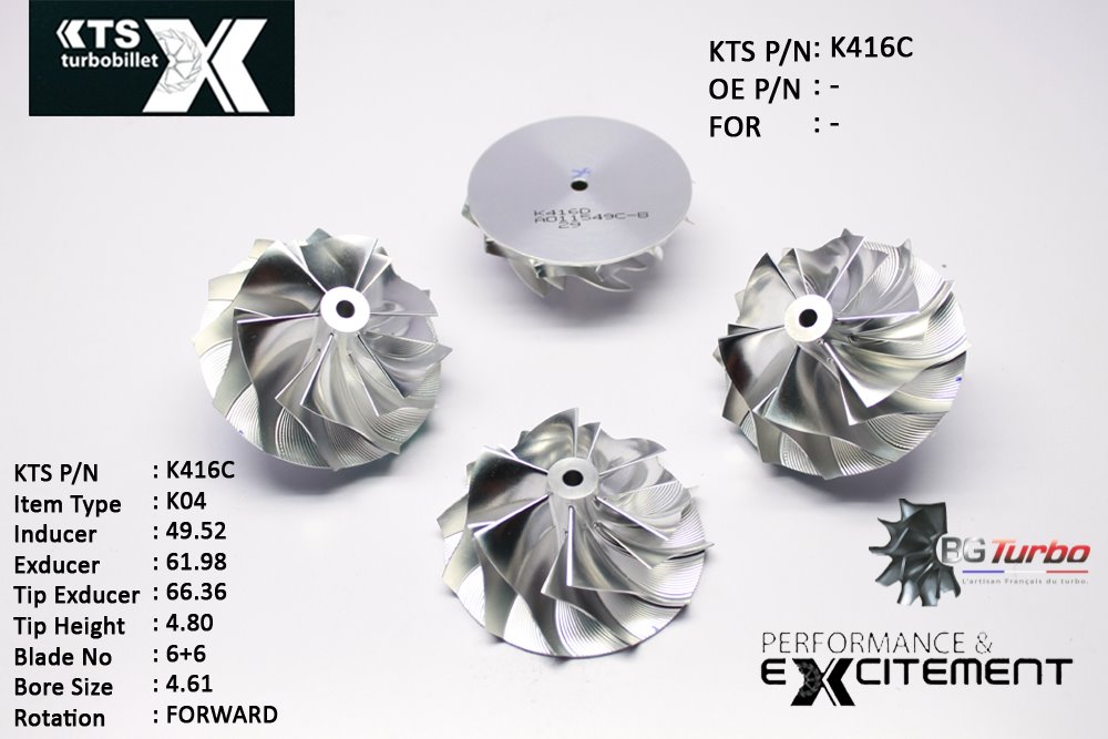 Turbo ROUE FORGÉE MFS PERFORMANCE - 6+6 PALES - INDUCER : 49,52 - EXDUCER : 61,98 - TYPE : K04ANGLE : 50° - ROTATION : Forward - SUPER BACK : 0 - BORE SIZE : 4,61
